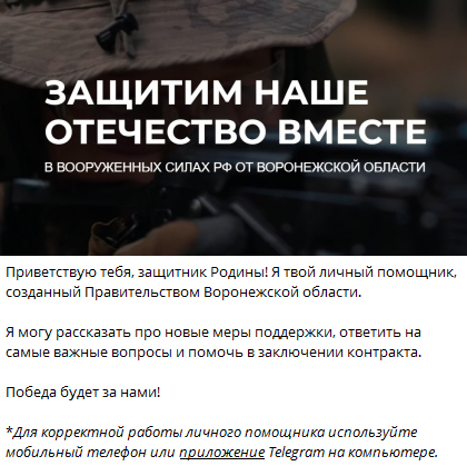 Контракт с Минобороны воронежские власти предлагают заключить через телеграм-бот