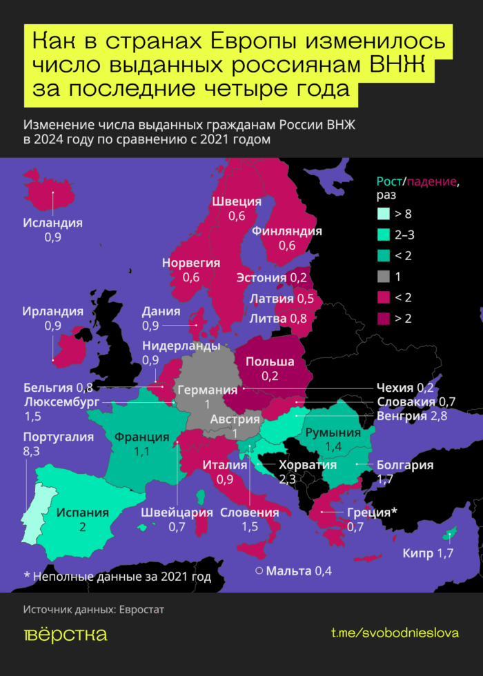 В&nbsp;каких странах Европы проще всего получить ВНЖ. В&nbsp;2024-м Испания по&nbsp;количеству выданных россиянам ВНЖ впервые обогнала Германию, а&nbsp;число разрешений, выданных Португалией растёт из&nbsp;года в&nbsp;год