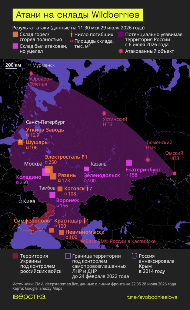 Удары украинских дронов затронули 8 складов Wildberries общей площадью около 860 тыс. кв. метров